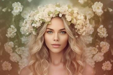beautiful blonde woman wears a wreath of white elderflowers on her head created with Generative AI technology