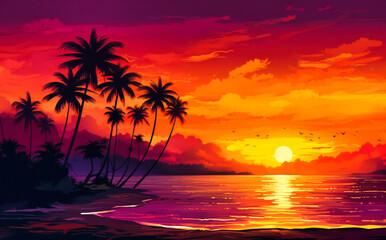 Fototapeta na wymiar a sunset with palm trees and beautiful ocean background