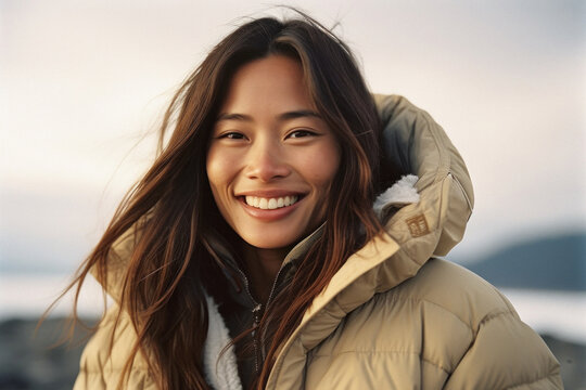 Young happy asian woman portrait smiling outdoors with a puffer jacket
