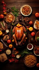 Thanksgiving dinner background with delicious turkey and appetizing dishes. Generative AI