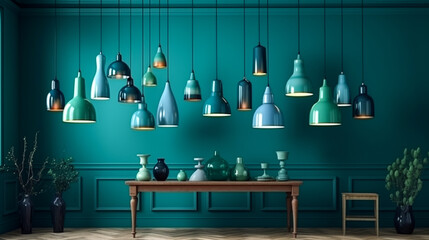 Blue themed interior with lamps