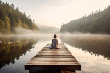 Woman sitting on a wooden pier on a lake in the misty morning. Generative AI - obrazy, fototapety, plakaty