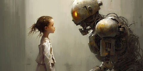 Robot and little girl face to face