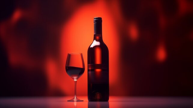 Floating bottle of wine. Clean design mockup with bright red background. Generative AI