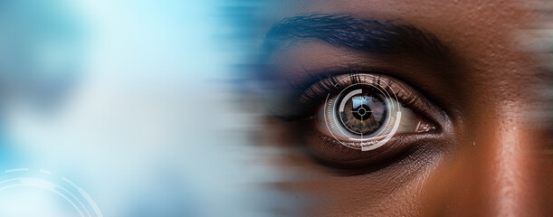 Laser Surgery Concept: Close-Up of Afro-American Female Eye with Captivating Light Flares and copy space