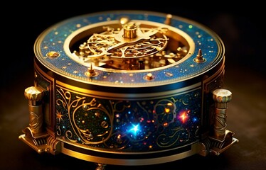 ornate blue gold music box with glowing accents created with Generative AI technology - obrazy, fototapety, plakaty