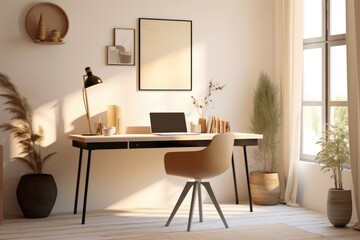 Home office for workspace and relax mode by interior design with desk, armchair, pc and stylish personal accessories for contemporary style