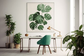 Home office for workspace and relax mode by interior design with desk, armchair, pc and stylish personal accessories.decor tropical green leaves in pot. Generative Ai