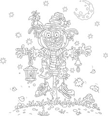 Happy Halloween card of a funny scarecrow with a ghastly pumpkin had and a crow perched on its witch hat on a mysterious moonlit night, black and white vector cartoon