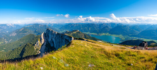 Naklejka premium Top of Schafberg hill, Austria. View of big rock on top of mountain. Summer hiking.