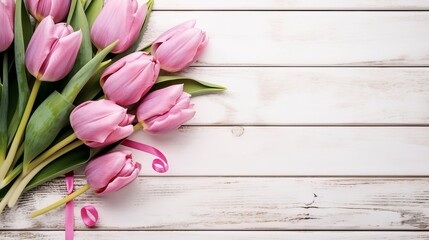 happy birthday text sign on pink tulips on white rustic wooden background flat lay. spring top view of flowers in soft morning light with space for text. greeting card concept, Generative AI