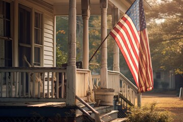 The iconic US flag proudly displayed on a sunny porch, embodying patriotism and the spirit of freedom