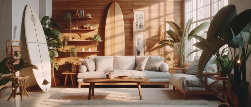 Interior of a bright living room with a surfboard. Generative AI
