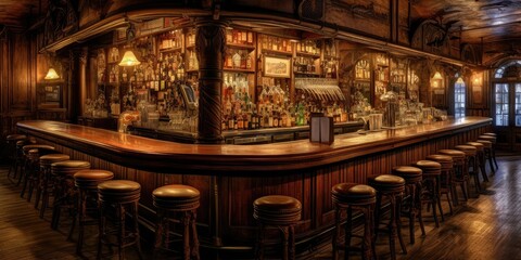 Fototapeta na wymiar A wooden interior bar with stylish stools