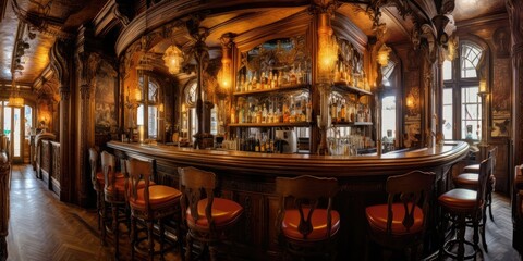 Fototapeta na wymiar A wooden interior bar with stylish stools