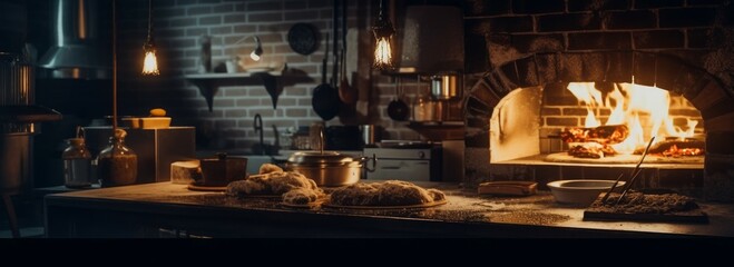 Professional pizzeria kitchen with a large oven. Generative AI - obrazy, fototapety, plakaty