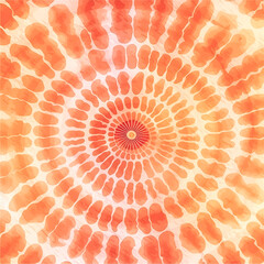 He creates a vibrant orange tie-dye pattern with artful brushstrokes.