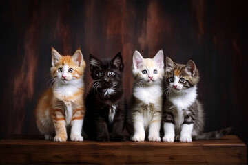 Four kittens on a wooden shelf against a dark background. selective focus.
