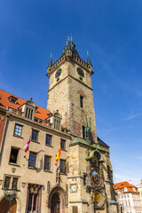 Fototapeta na wymiar Tower of the historic town hall in Prague, Czech Republic