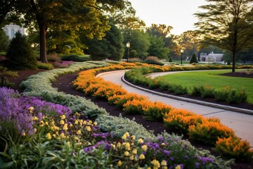 footpath of light-colored slabs leads through a well-kept planted park created with Generative AI technology