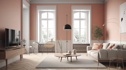 Stylish scandinavian living room with design mint sofa. Generative Ai