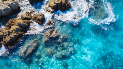 Aerial drone shot of waves hitting rocks on the ocean shore. Clean turquoise water of a beach.