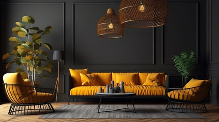 Apartment living room interior realistic with coffee table near sofa. Generative Ai