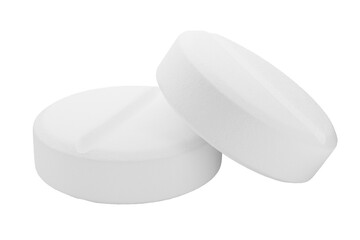 Medical tablet. Round pill on the side. Drug. Vitamins in the form of a tablet. 3d render.