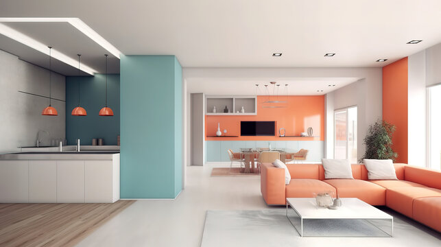 Modern apartment interior design panorama 3d render, Bright color. Generative Ai