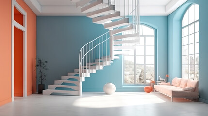 Weiss interior mit treppe panorama 3d render, Bright color. Generative Ai
