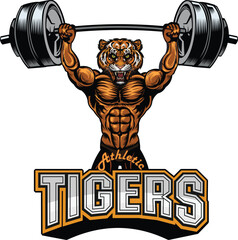 Saber-toothed tiger. Weightlifting power sport. Fitness gym - obrazy, fototapety, plakaty