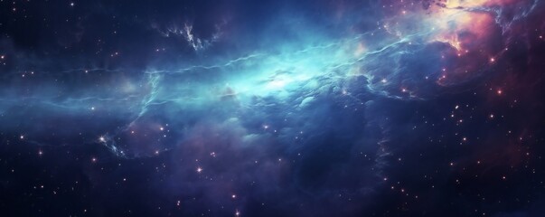 Naklejka premium Space background with stardust and shining stars. Realistic colorful cosmos with nebula and milky way. Blue galaxy background. Beautiful outer space. Infinite universe Generative AI