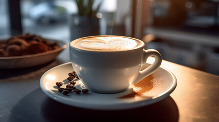 A cup of coffee with beans scattered on a plate in a coffee shop.Created with Generative AI technology.