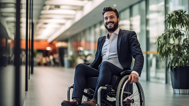 Businessman in a wheelchair in a modern office.Created with Generative AI technology.