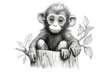Cute Monkey drawing on white background - generative AI