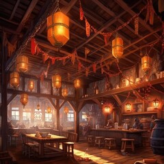 Fototapeta na wymiar The cozy medieval tavern inspires D&D adventures with lantern-lit charm. (Illustration, Generative AI)