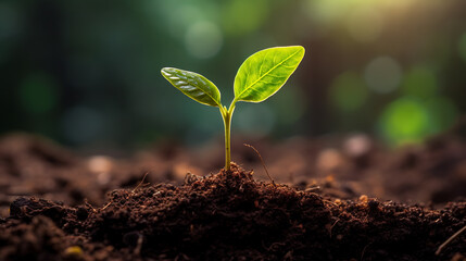Plakat Young seedling is growing from the soil. Created with Generative AI technology.