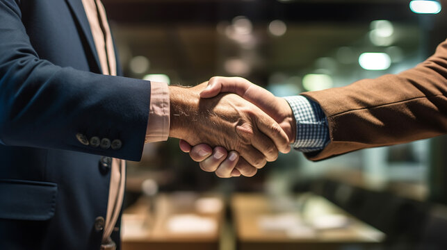 Close-up two unrecognizable businessmans shake hands in office.Created with Generative AI technology.