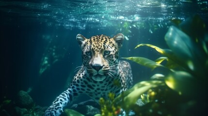 Naklejka na ściany i meble Leopard swims gracefully underwater. Generative AI