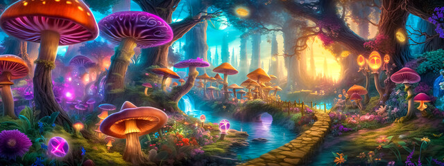 Obraz na płótnie Canvas magical night glowing forest with hallucinogenic mushrooms, banner, made with Generative AI