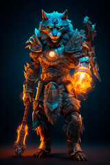 Wolf character in armor holding a spear popul. Generative AI