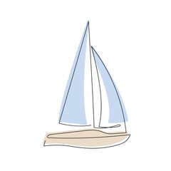 Sailing yacht drawn in one continuous line in color. One line drawing, minimalism. Vector illustration.