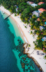 Fototapeta na wymiar Aerial view of beautiful tropical beach with coconut palm trees, blue lagoon and white sand. Generative AI.
