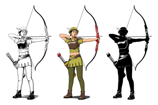 Archer Character. Young Girl aiming a target. Sports archery. Outline, Color and Silhouette cliparts isolated on white.
