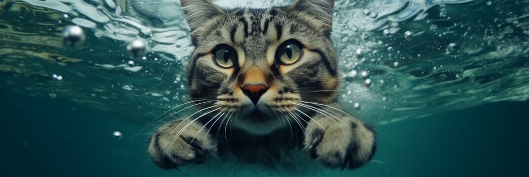 Cat swims gracefully underwater. Generative AI