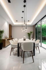 Fototapeta premium Generative AI illustration of Living room with dining table for twelve people and natural light