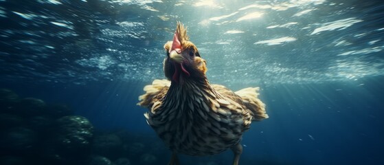 Chicken swims gracefully underwater. Generative AI