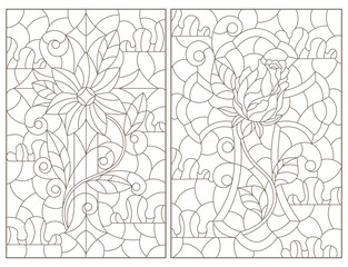 A set of contour illustrations in the style of stained glass with Christian crosses, dark contours on a white background