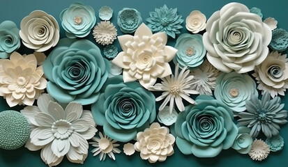 Blue and Green 3D flower papercut wallpaper, Classic home decoration, 3D paper cut background

