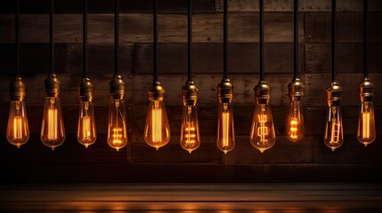 several Edison vintage light bulbs, casting a warm glow on a mysterious dark background